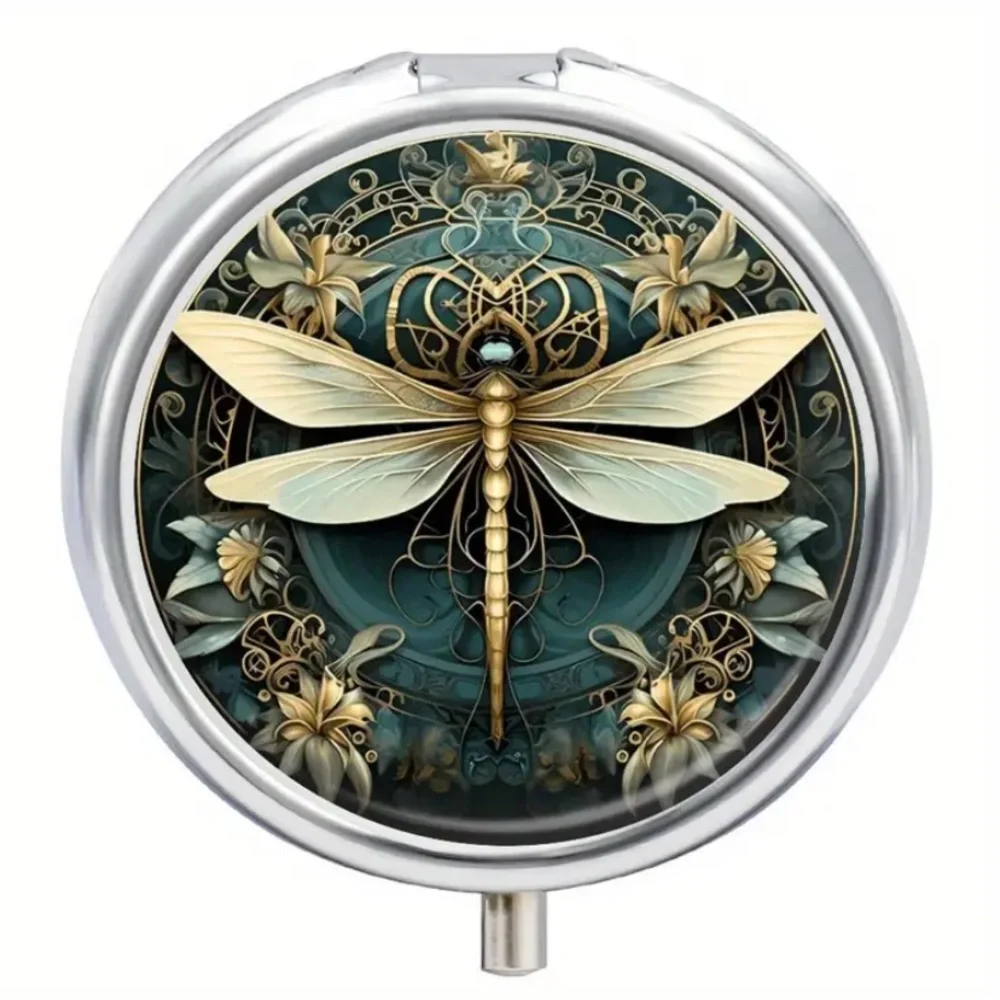 Teal Gold Dragonfly Pill Box Mirror 3 Compartment Travel Case